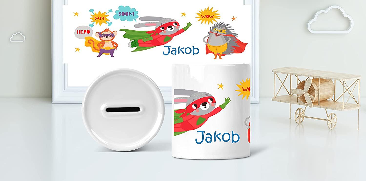 Coole Kinder-SPARDOSE für Jungen mit Superheld - personalisiert mit Name - Geschenkidee Geburtstag Einschulung- Sparbüchse Zarto