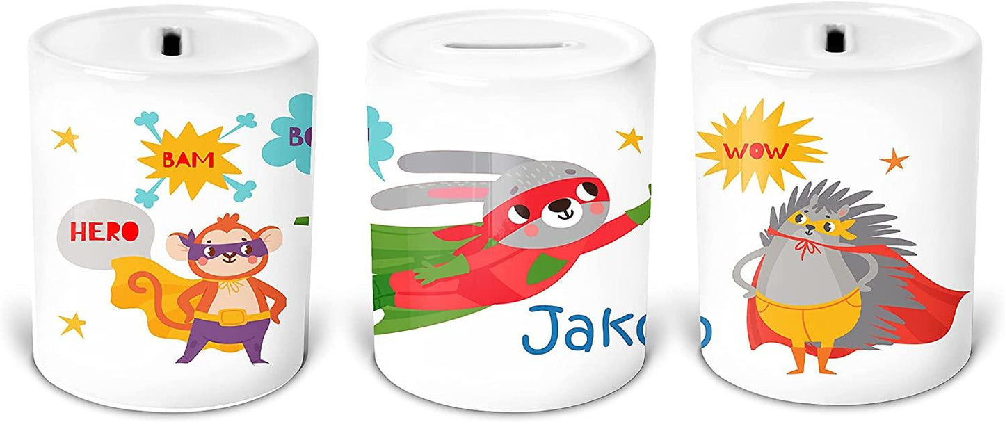 Coole Kinder-SPARDOSE für Jungen mit Superheld - personalisiert mit Name - Geschenkidee Geburtstag Einschulung- Sparbüchse Zarto