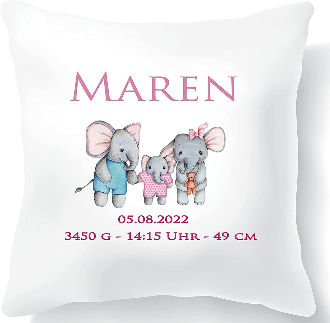 Kissen-Bezug personalisiert zur Geburt mit Elefant - Geburtskissen mit Geburtsdaten - Namenskissen Geschenk Geburt Baby Mädchen Zarto