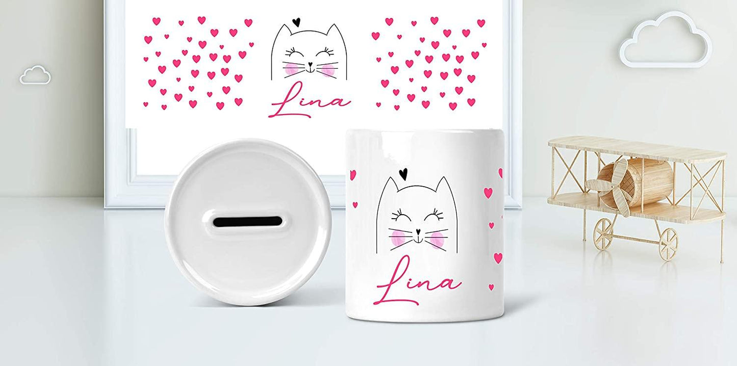 Spardose Kinder Mädchen mit Katze - personalisiert mit Name - Sparbüchse Sparschwein - Geschenk-Idee Geburtstag Teenager