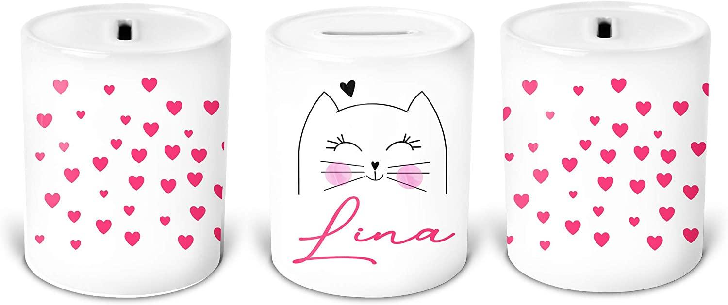 Spardose Kinder Mädchen mit Katze - personalisiert mit Name - Sparbüchse Sparschwein - Geschenk-Idee Geburtstag Teenager