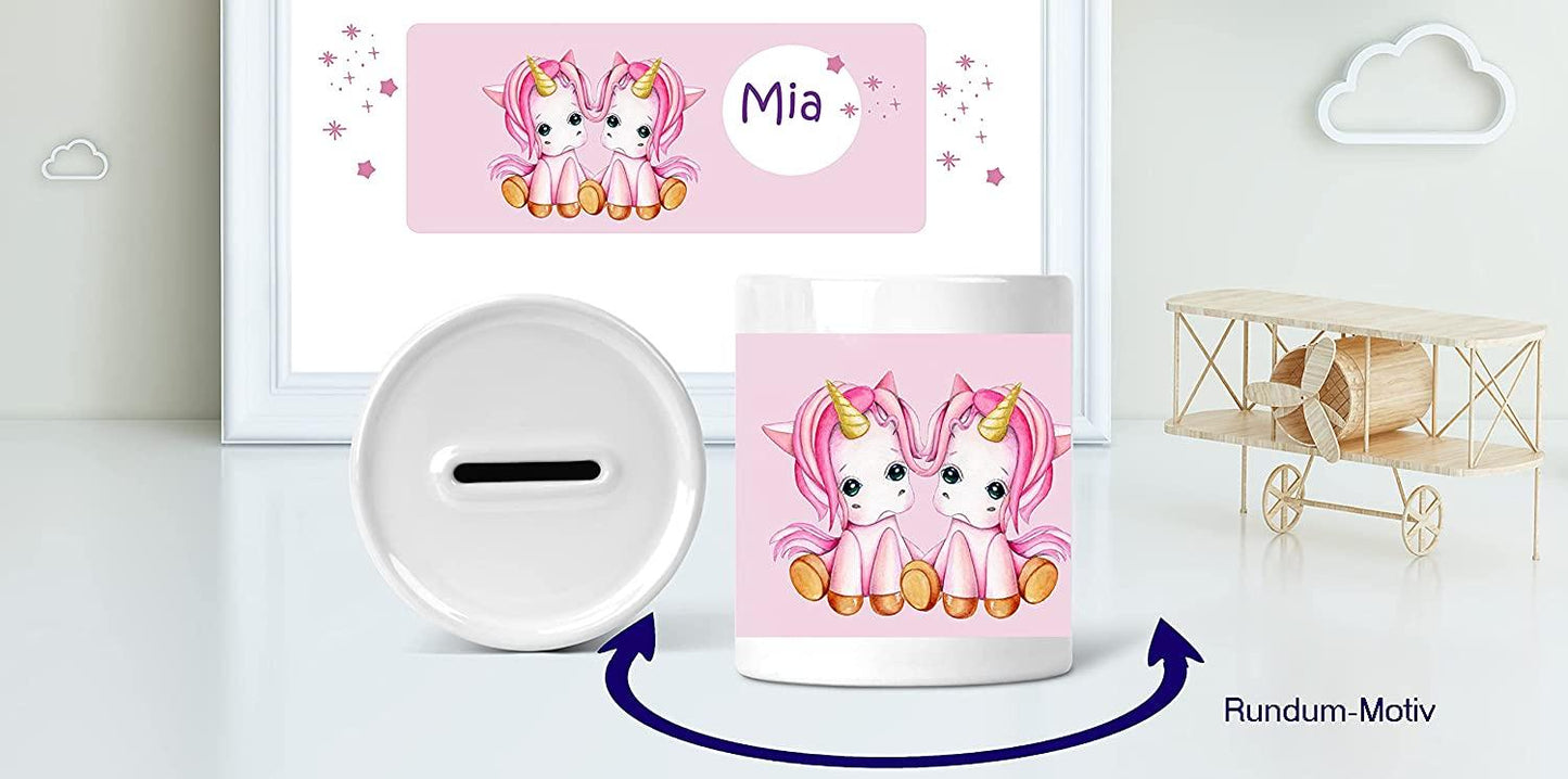 Einhorn Geschenke Mädchen personalisiert mit Name - rosa Sparbüchse