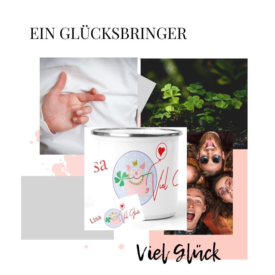 Zarto Geschenk Glücksbringer Prüfung Abitur Führerschein - Viel Glück Geschenke - Emailletasse als Glückstasse mit Glücksschwein Zarto